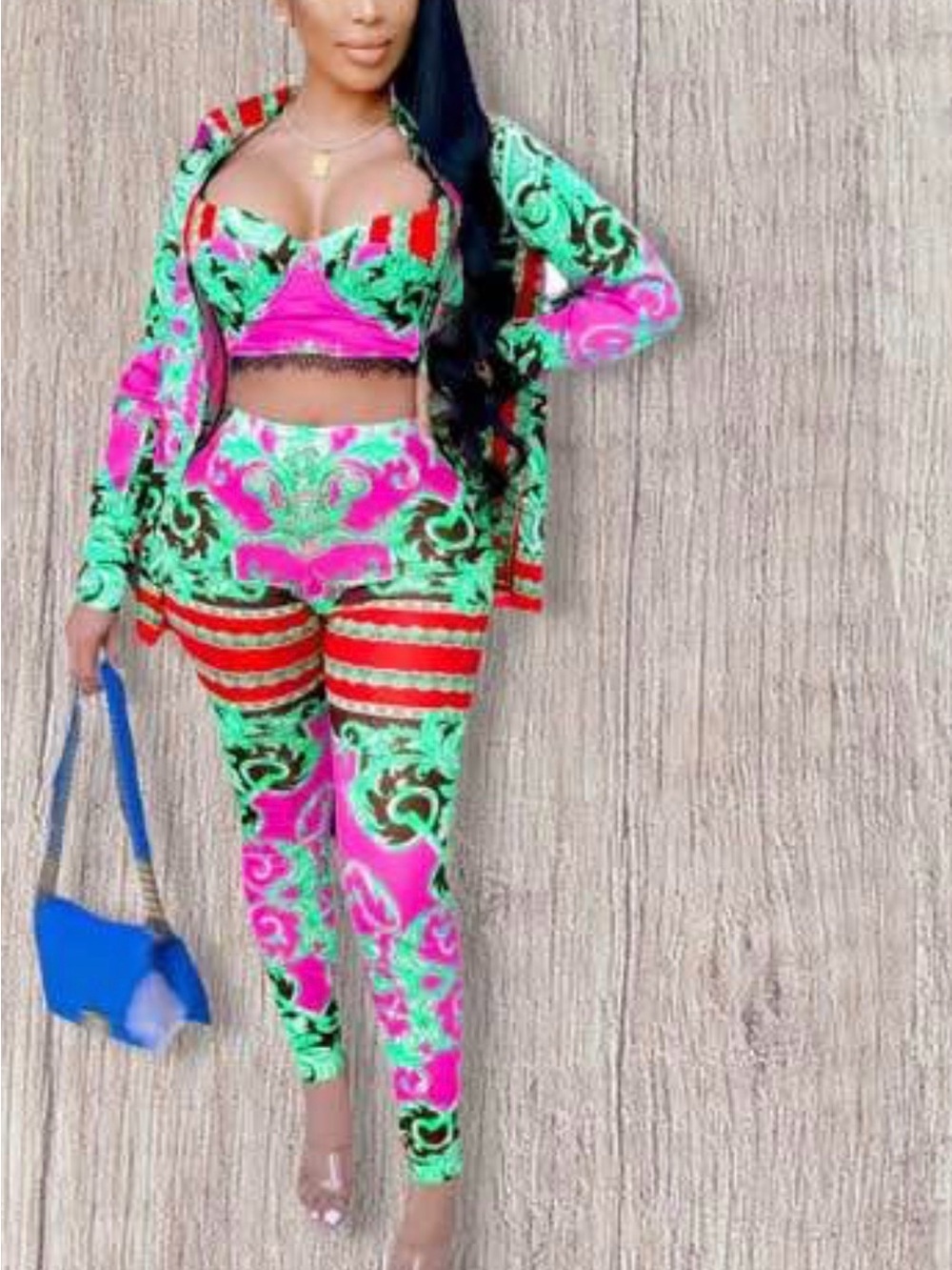 Neon Pink & Green Printed Two-Piece Jumpsuit Set
